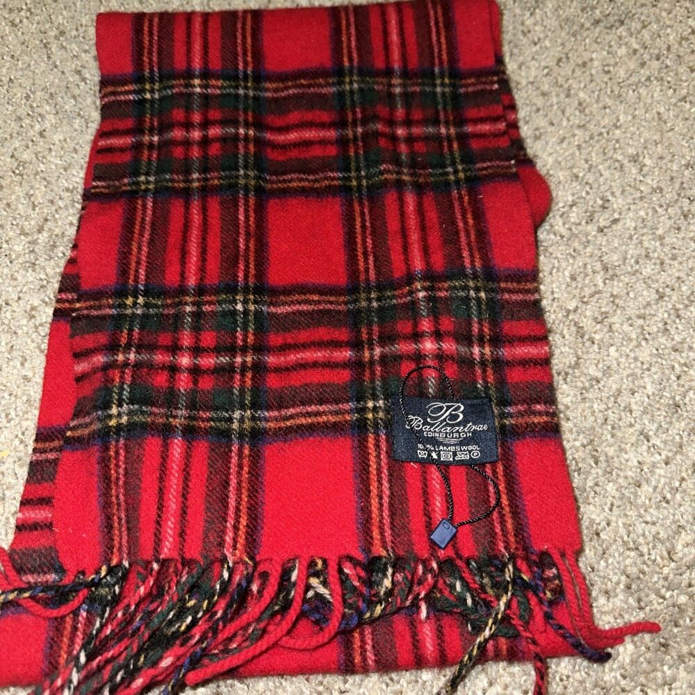 BALLANTRAE 100% Lambswool Scarf Red Mix Plaid Check Fringed EUC 66x10”